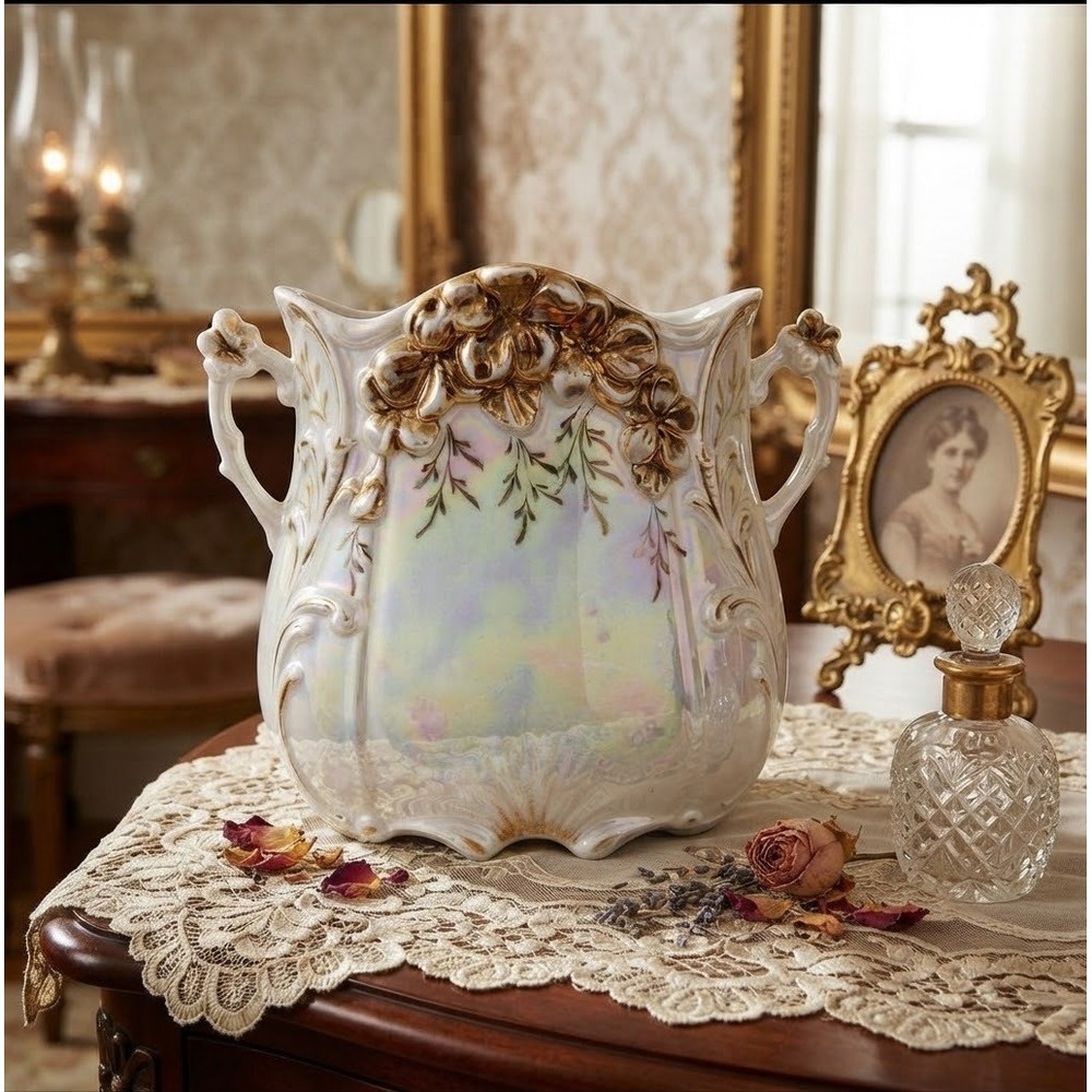 Antique 1910s Iridescent Luster Porcelain Vase Gold Gilt Floral Double Handle